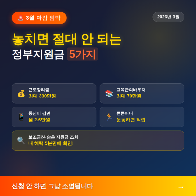 026년 3월 마감 임박 정부지원금 5가지 근로장려금 교육급여바우처 통신비감면 총정리