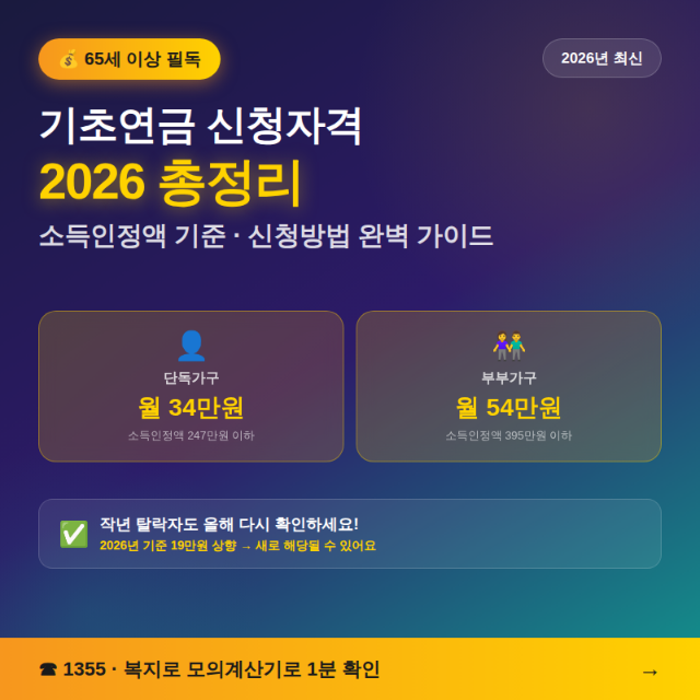 2026년 기초연금 신청자격 단독가구 월 34만원 부부가구 신청방법 총정리